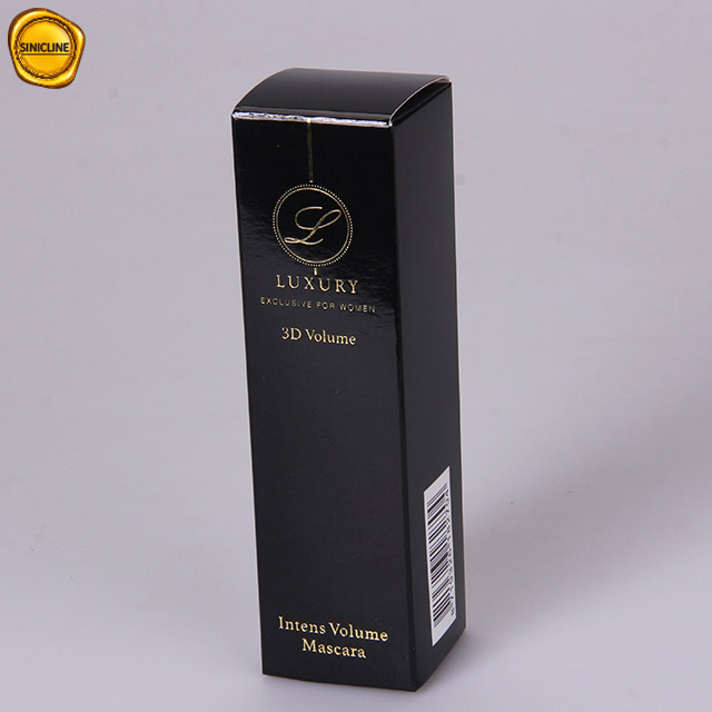 Caja de embalaje de rímel de belleza de papel negro brillante con logotipo dorado personalizado