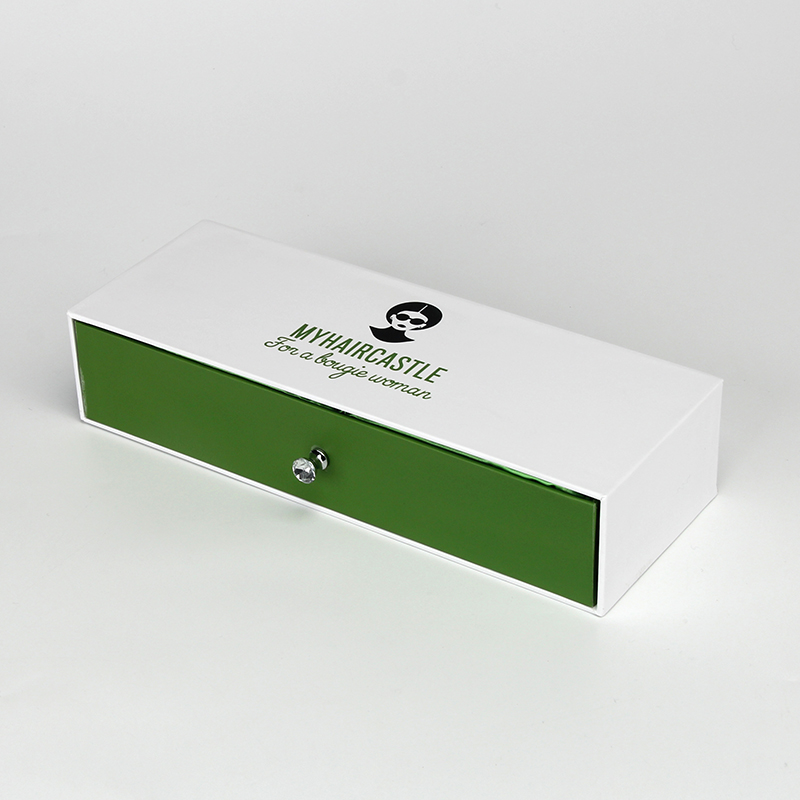 Caja blanca Cajas de embalaje de cabello con logotipo verde Paquete de logotipo personalizado Cajas de cabello personalizadas